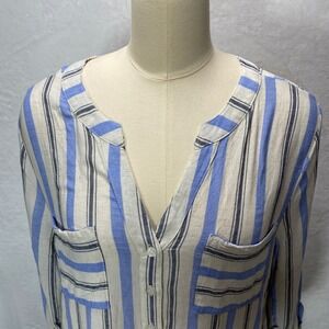 AGB Womens XL Striped Blue White Linen Blend Casual Button Roll Tab Sleeve